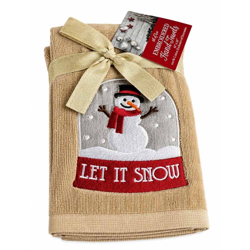 Christmas Snow Globe Hand Towels Set of 2 Snowman Embroidered Beige Holiday Bath